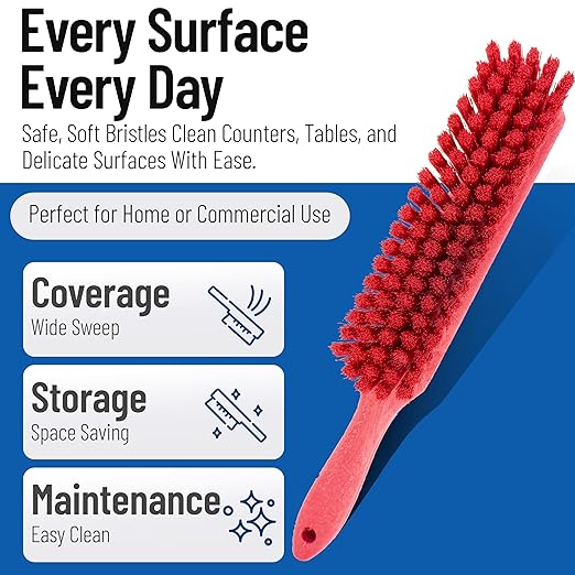 SPARTA Handheld Soft Counter Brush 8 Inch Bristle Span, Multi-Use Dust Brush with 5 Inch Handle for Tables, Countertops, and Delicate Surfaces, Polyester, Red