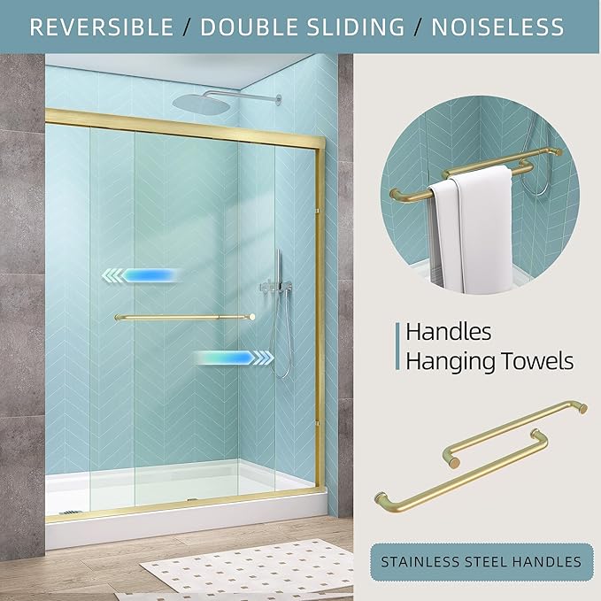 GETPRO Shower Door Double Sliding 62-66 in. W x 72 in. H Semi-Frameless Bypasss Bathroom Glass Shower Sliding Doors,1/4 inch Clear Tempered Glass Door for Walk-in Shower Brushed Gold
