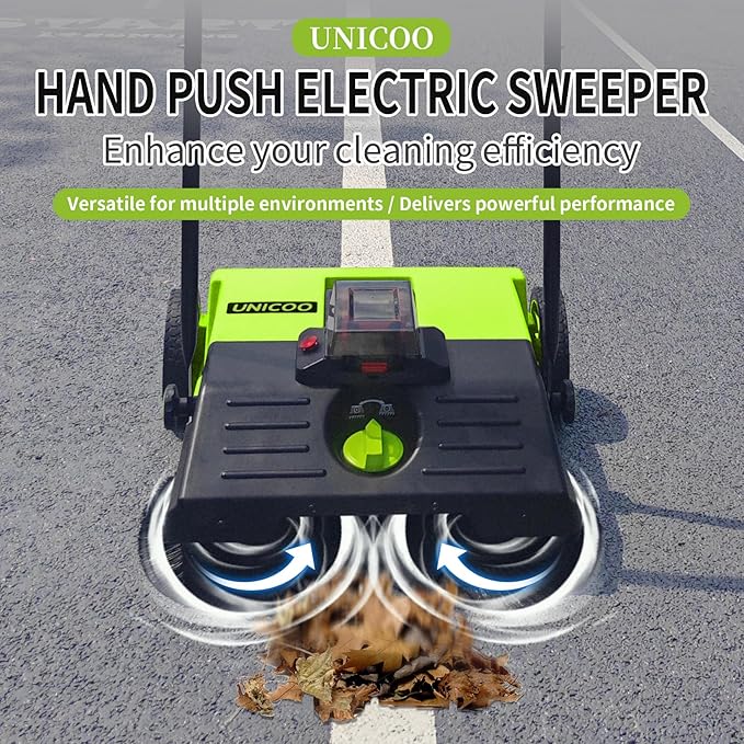 UNICOO® Electric Hand Push Floor Sweeper – Battery Powered Walk-Behind Sweeper with Dual Brush Rollers, 23" Sweeping Width & 6.6 Gallon Waste Bin – Indoor/Outdoor Push Sweeper (Green)