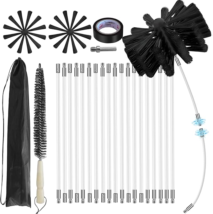 25Feet Chimney Sweep Kit,6 in Brush Head,Dryer Vent Cleaner Kit, Chimney Sweep&Chimney Cleaning Kit, Rotary Chimney Cleaning System for Flue/Fireplace/Sewage Pipe/Hood with 19 Nylon Flexible Rods