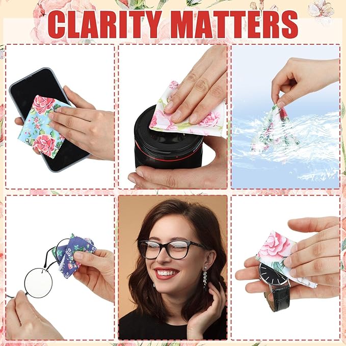 24 Pcs Flower Eyeglasses Cleaning Cloths Lens Cleaning Cloths Reusable Soft Microfiber Glasses Tools for Eyeglasses Camera Lens Cell Phone Screen 6 x 6 Inches