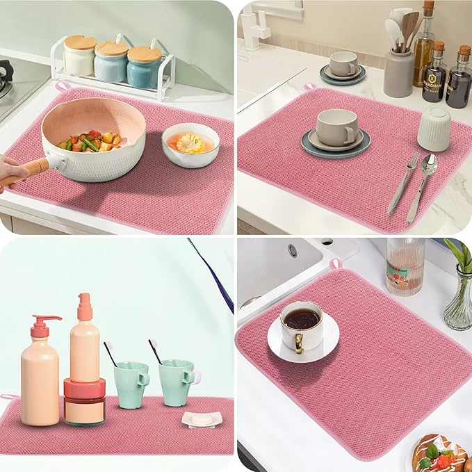 Microfiber Dish Drying Mat, Super Absorbent Kitchen Dish Drying Pad for Easter Day, Reversible Gift Mats for Countertop, 15 * 20 inch Pink