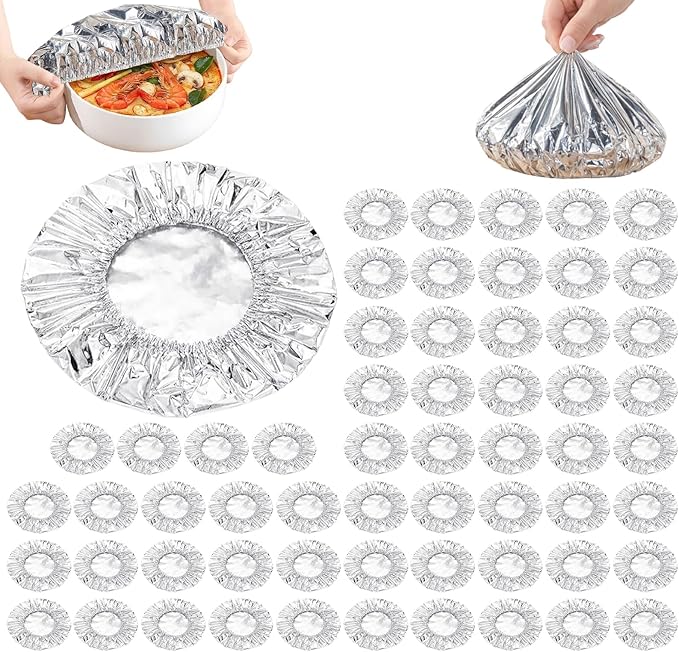 60 PCS Reusable Aluminum Foil Covers, Aluminum Foil Food Covers, Durable and Flexible for Various Container Sizes, Ideal for Food Storage and Freshness