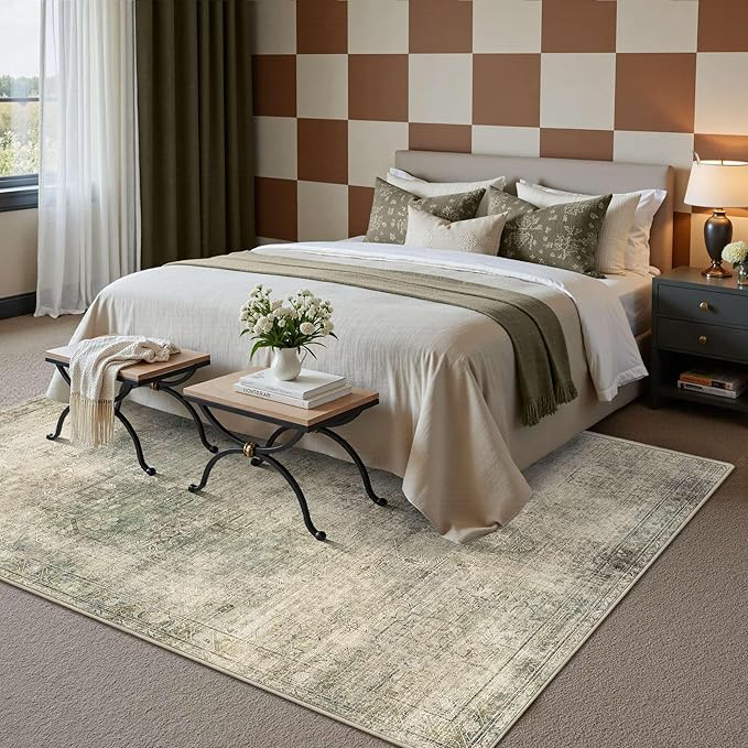Vintage 5x7 Area Rug, Washable Green Rugs for Living Room, Bedroom, Dining Room, Kitchen, Boho Indoor Soft Rugs for Dorm Classroom Playroom, Non Slip Low Pile Distressed Carpets for Office