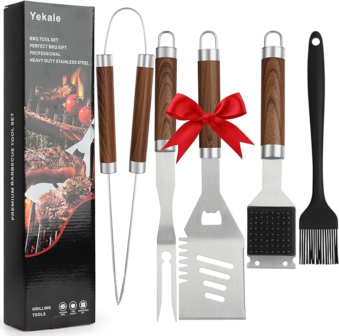 BBQ Grill Accessories Set, Grill Tools Grilling Accessories Grilling Gifts for Men - Spatula, Fork, Brush, Tongs & Cleaning Brush - Outdoor Barbecue Utensils Gifts for Men Dad Him (Wood)