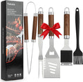 BBQ Grill Accessories Set, Grill Tools Grilling Accessories Grilling Gifts for Men - Spatula, Fork, Brush, Tongs & Cleaning Brush - Outdoor Barbecue Utensils Gifts for Men Dad Him (Wood)