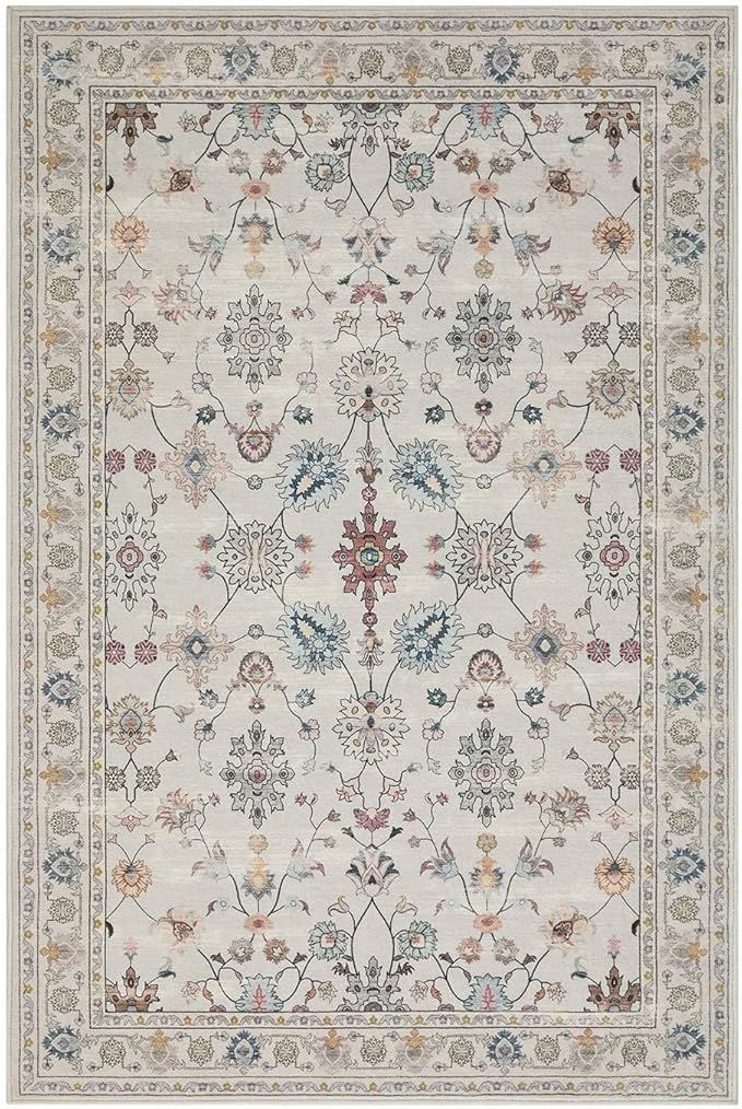 9x12 Rugs for Living Room & Bedroom,Floral Washable Rug,Boho Area Rug, Large Non Slip Low Pile Wool Carpet for Indoor Dining Room,Girls Room,Nursery Room and Kids Room(Grey 9x12ft)