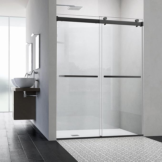 Frameless Sliding Shower Door, 60-64" W x 76" H Glass Shower Door with 5/16" (8mm) Clear Tempered Safety Glass, Stainless Steel Hardware, Double Sliding Shower Door, Matte Black