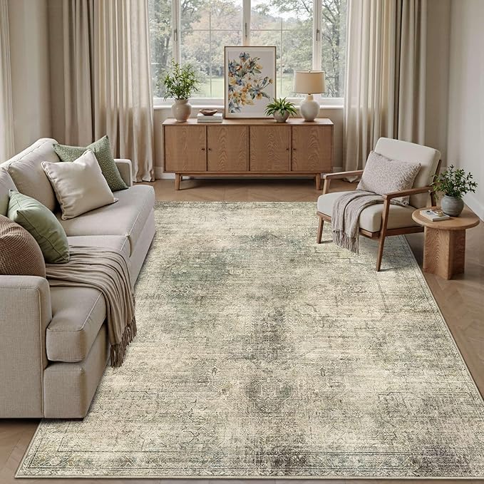 Vintage 5x7 Area Rug, Washable Green Rugs for Living Room, Bedroom, Dining Room, Kitchen, Boho Indoor Soft Rugs for Dorm Classroom Playroom, Non Slip Low Pile Distressed Carpets for Office