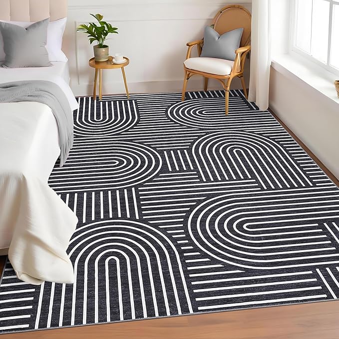 Washable Rug 3x5 Area Rugs for Living Room, Abstract Rug for Bedroom, Soft Rainbow Non Slip Throw Rugs with Rubber Back, Low Pile Stain Resistant Boho Geometric Carpet for Dining Room, Black