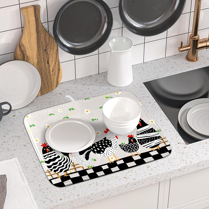 Black Rooster Dish Drying Mat for Countertop 16x18 Inches Buffalo Plaid Microfiber Drainer Rack Pads Fast Dry Dishes Mats Kitchen Accessories
