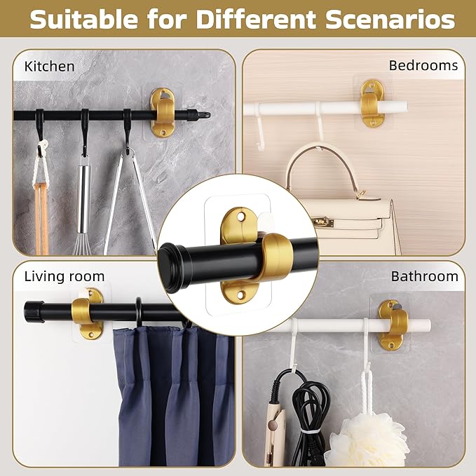 ANDGOO 18 Pack No Hole Curtain Rod Hangers, Self Adhesive Curtain Sticky Hooks, No Drilling, No Nail Heavy Duty Stick on Rod Hooks Bedroom, Bathroom, Livingroom, Kitchen (Gold)