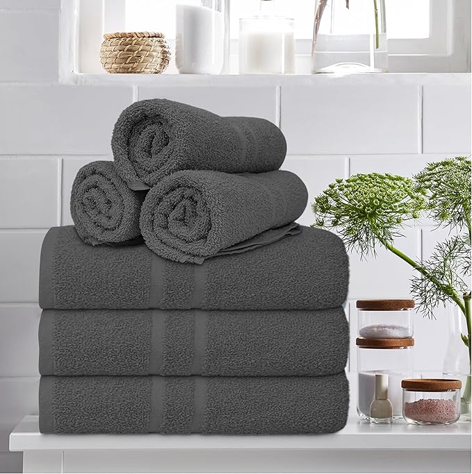 Basic Medium Bath Towels 24x48 Inches – Pack of 6 – Grey Color – Soft and Absorbent Multipurpose Cotton Towels for Bathroom, Spa, Gym, Salon, Hotel, Clinics and Everyday Use