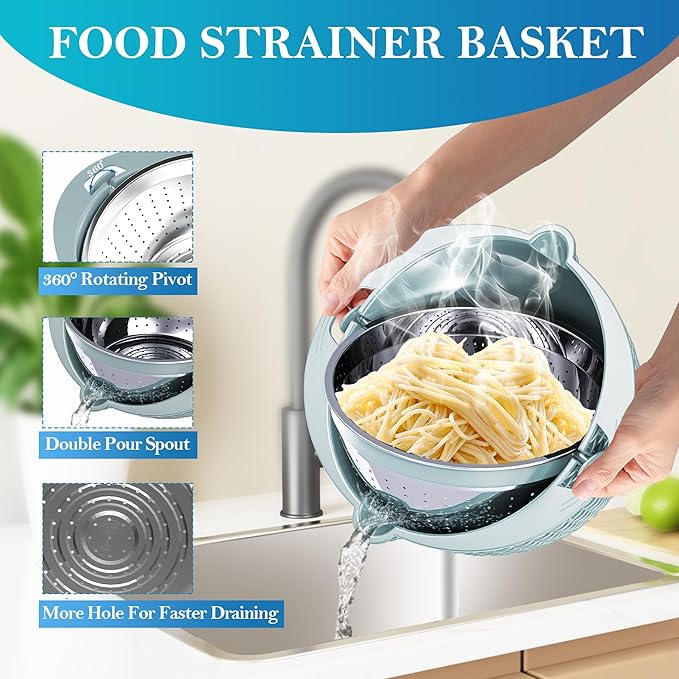 4 in 1 Colander with Mixing Bowl Set, Colander for Kitchen, Strainers and Colanders, Pasta Strainer, Fruit Cleaner, Veggie Wash, Aesthetic Kitchen Essentials - Blue