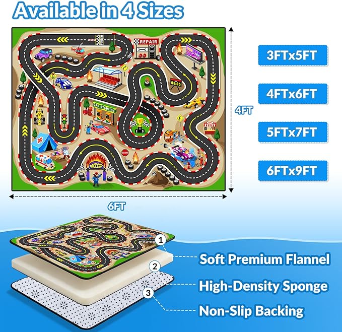 Kids Rug, Race Track Baby Play Mats, 4x6 FT Race Car Rug with 3D Cascading Surround Route, Soft & Non-Slip, Machine Washable Race Road Carpet for Kids Room, Boys Room, and Playroom