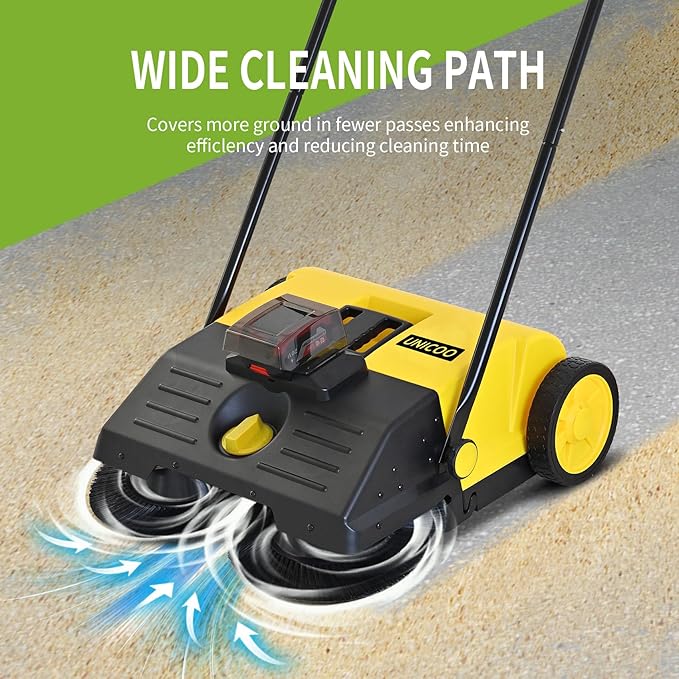 UNICOO® Electric Hand Push Floor Sweeper – Battery Powered Walk-Behind Sweeper with Dual Brush Rollers, 23" Sweeping Width & 6.6 Gallon Waste Bin – Indoor/Outdoor Push Sweeper (Yellow)