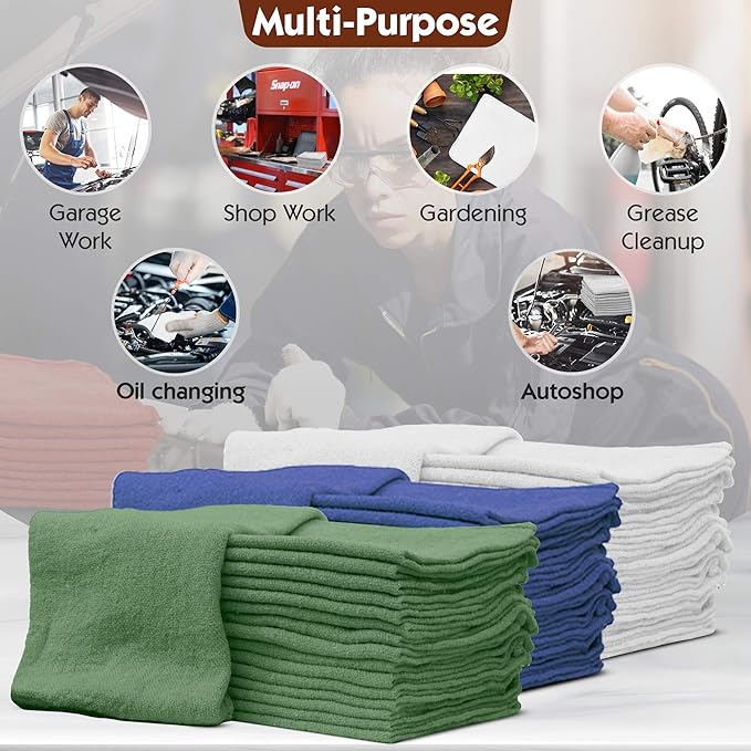 Nabob Wipers Auto Mechanic Shop Towels 25 Pack Bulk Shop Rags 100% Cotton Size 14"x14" Commercial Grade (25 Pack, White)