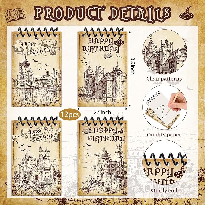24 Pcs Magical Wizard Notepads Set Spiral Notebooks and Magic Wand Pencils Witch Broom Pencils Castle Magical Wizard School Mini Notepads Small Pocket Journal Goodie Bag Stuffers for Wizard School Classroom Favors Supplies