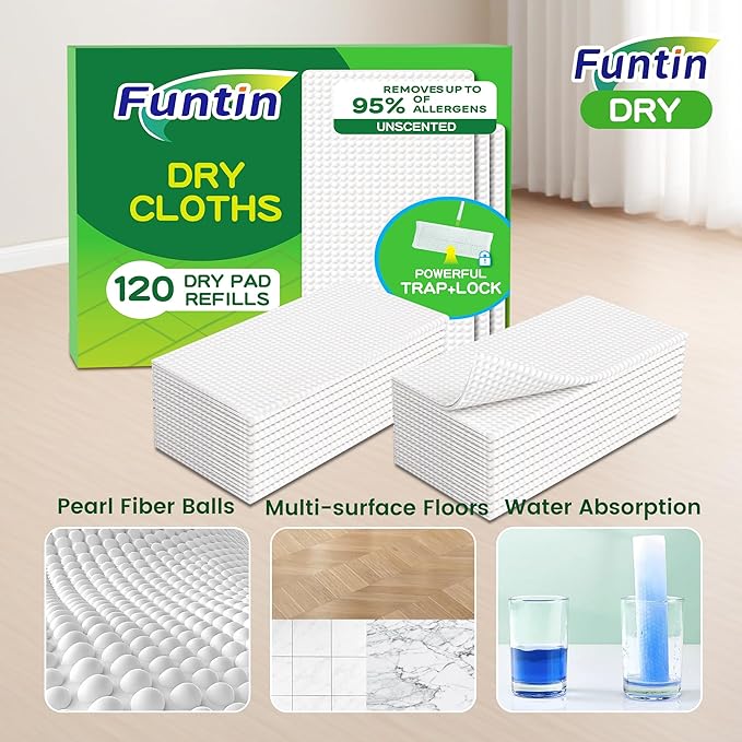 Funtin Thickened Mop Pads for Swiffer Sweeper, Unscented Disposable Mopping Cloths, Dry & Wet Use for Dirt, Dust, Hair, Home, Bathroom, Kitchen (120ct)