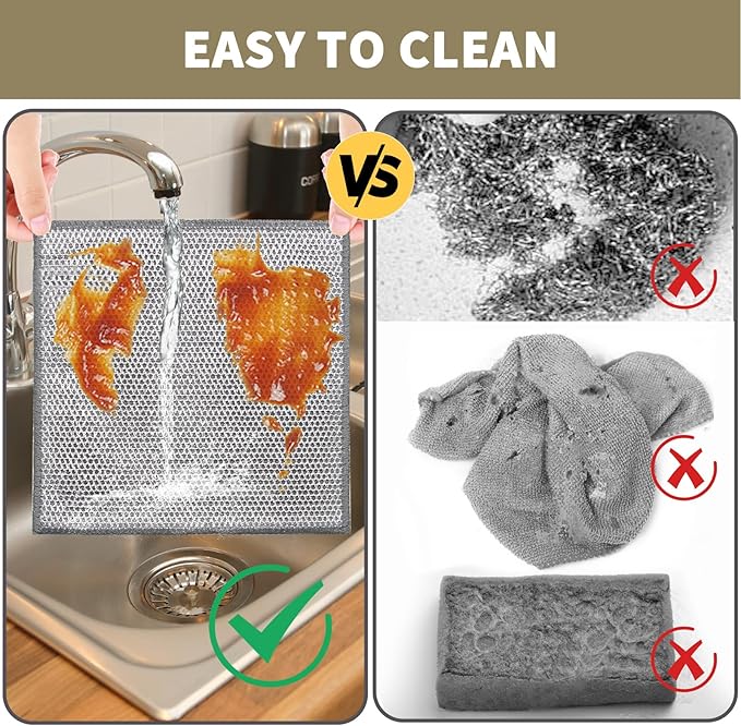 10 Pack Dual-Sided Metal Wire Dishcloth, Reusable Non-Scratch Cleaning Pads with Fabric Side for Nonstick Cookware, Pots, Pans & Kitchen Cleaning