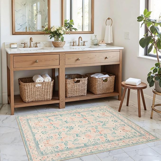 Pink Door Mat Floral Entryway Rug, Washable Samll 2x3 Rug, Boho Front Door Mat, Non Slip Area Rugs, Low Pile Throw Carpet for Indoor Entrance,Bathroom,Girls Room and Kitchen(Coral Pink 2x3ft)