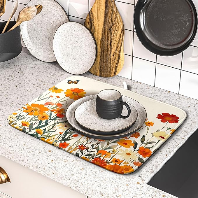 Fall Orange Wildflower Dish Drying Mat for Kitchen Counter,Autumn Floral Butterflies Drying Mat 16 x 18 Inch with Absorbent Reversible Microfiber Dish Drying Pad Dish Pad for Coffee Bar