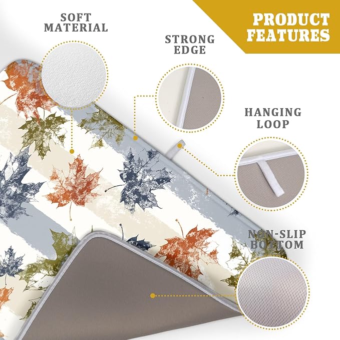 Autumn Colorful Maple Leaves Dish Drying Mat for Kitchen Counter,Blue and White Stripe Drying Mat 18 x 24 Inch with Absorbent Reversible Microfiber Dish Drying Pad Dish Rack Drainer Mat for Coffee Bar