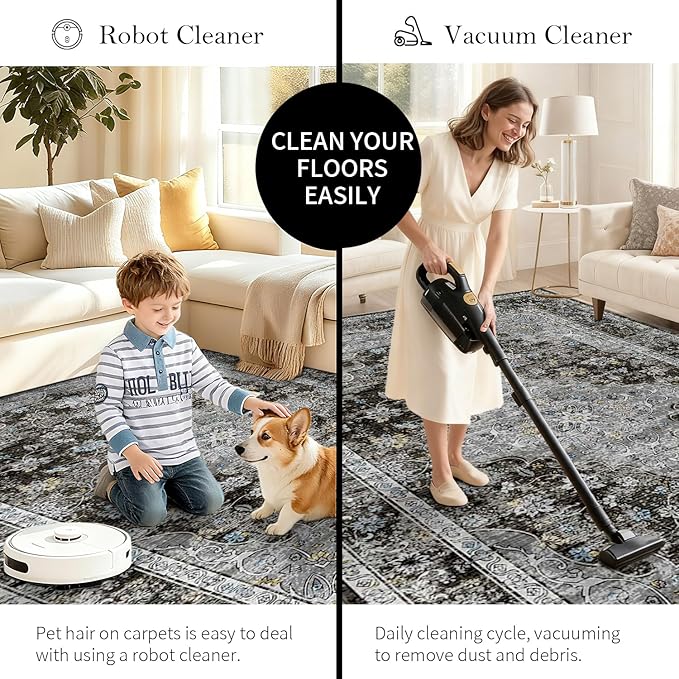 Area Rugs 5x7, Washable Black Rugs for Living Room, Bedroom, Non Slip, Neutral Floral Vintage Indoor Rug for Farmhouse Nursery, Dining Room, Kid Room, Office, Dorm