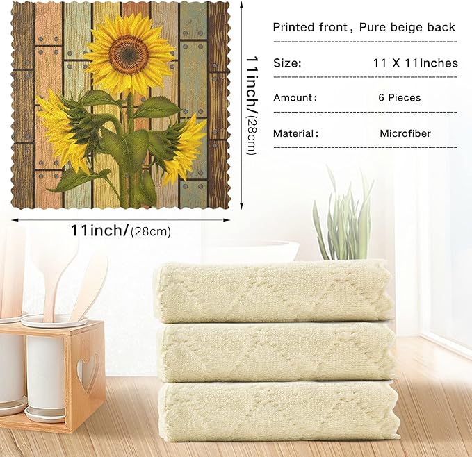 ALAZA Dish Towels Kitchen Cleaning Cloths Sunflower On Wooden Board Vintage Dish Cloths Super Absorbent Kitchen Towels Lint Free Bar Tea Soft Towel Kitchen Accessories Set of 6,11"x11"