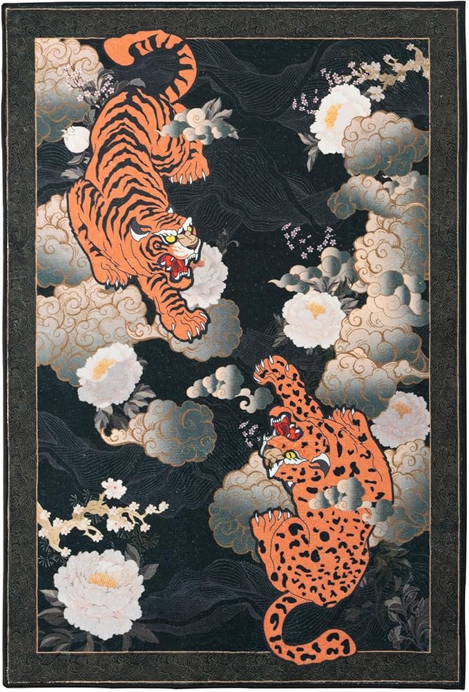 Tiger 6X9 Area Rug, Japanese Washable Leopard Tiger Rugs for Living Room, Vintage Large Soft Dining Room Rug, Non Slip Ultra Thin Stain Resistant Floor Carpet for Home Office Bedroom, Black