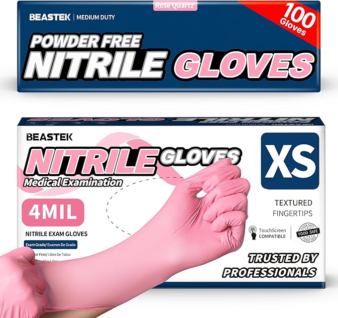 Beastek Nitrile Disposable Exam Gloves, 4Mil 100Ct Powder-Free Latex-Free Food-Safe for Cooking Medical Esthetician, Hot Pink