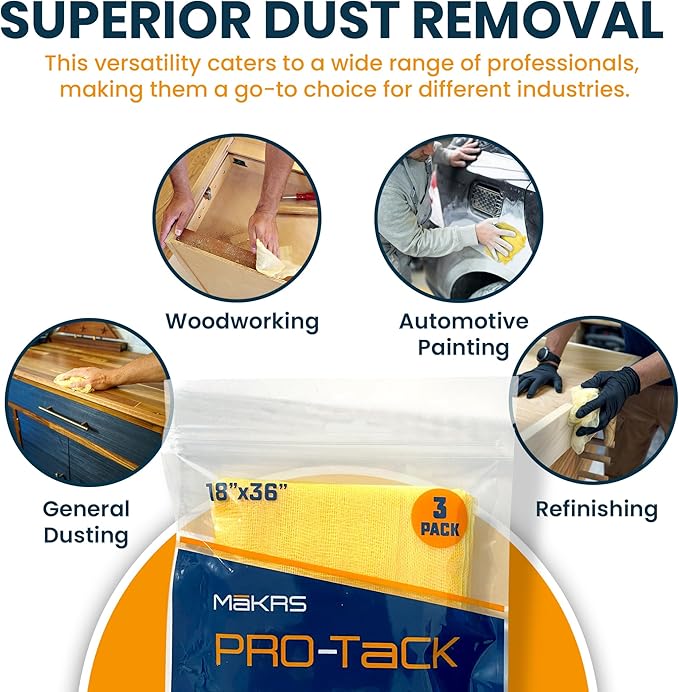 MāKRS 18" x 36" Pro-Tack Tack Cloth, 3-Pack Wood Prep Cloths, Remove and Trap Dust Particles, 100% Cotton, Staining, Varnishing, and Painting, Gentle on Surfaces