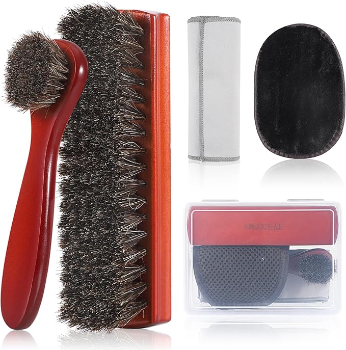 Horsehair Shine Shoes Brush Kit, Horse Hair Brush for Leather, Cleaning Leather Shoes Boots Care Brushes with Microfiber Shoe Cloth, Horsehair Brush (L, Count, 5)