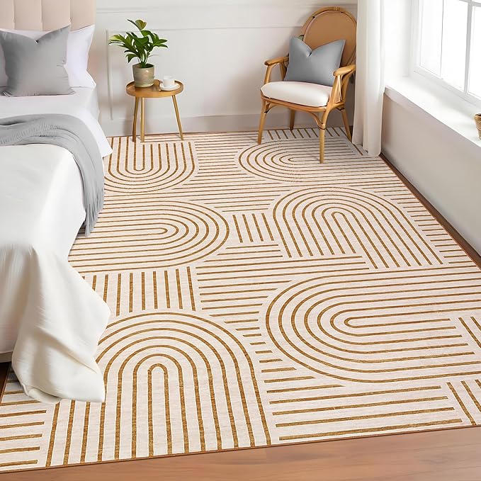 Washable Rug 3x5 Area Rugs for Living Room, Abstract Rug for Bedroom, Soft Rainbow Non Slip Throw Rugs with Rubber Back, Low Pile Stain Resistant Boho Geometric Carpet for Dining Room, Orange