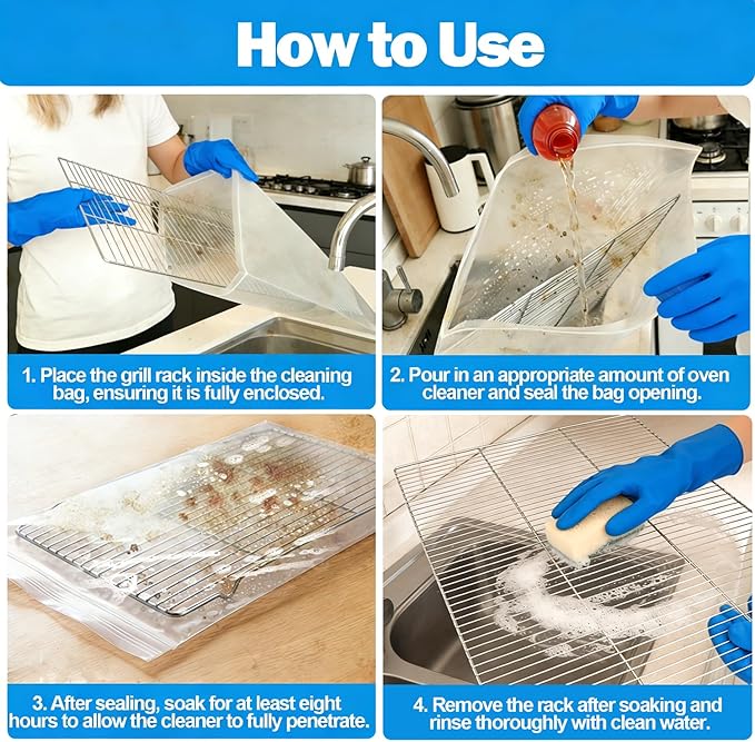 XANGNIER 3 Pack No Scrub Oven Rack Cleaning Bags 27.5*19.6 in,No Cleaner Included,Simple to Use,No Messy Hands Reusable Leakproof Soaking Cleaner Bags for Removable Metal Rack,BBQ Grills,Grill Grate