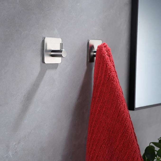 YIGII Silver Adhesive Towel Hooks - 4 Pack Stainless Steel Wall Hook for Hanging Towels, Robe, Coat, Heavy Duty Coat Hooks Stick on Bathroom, Kitchen