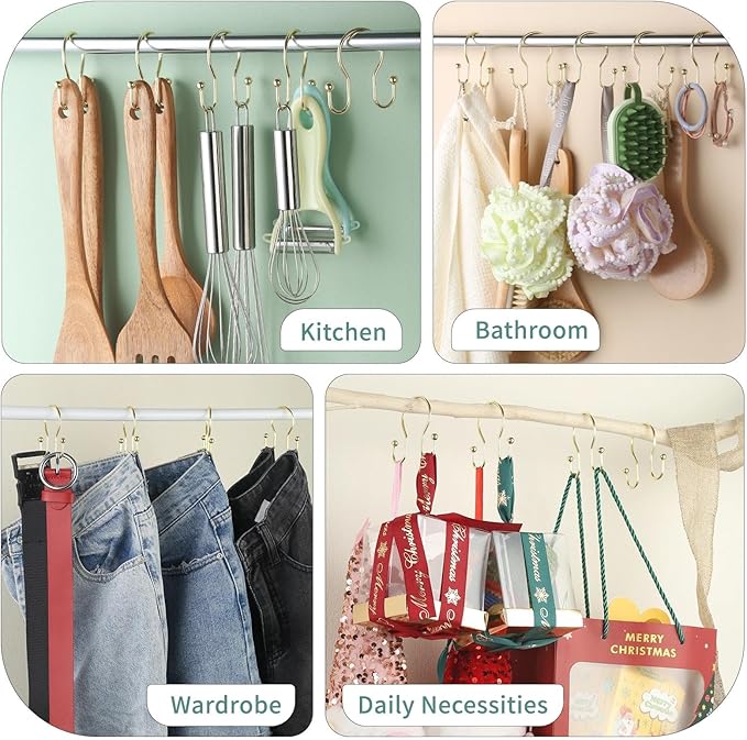 Goowin Shower Curtain Hooks, 12 Pcs Shower Curtain Rings, Stainless Steel Shower Curtain Hangers, Gold Shower Curtain Hooks Rings Rust Proof, Minimalist Shower Hooks for Shower Curtain, Gold