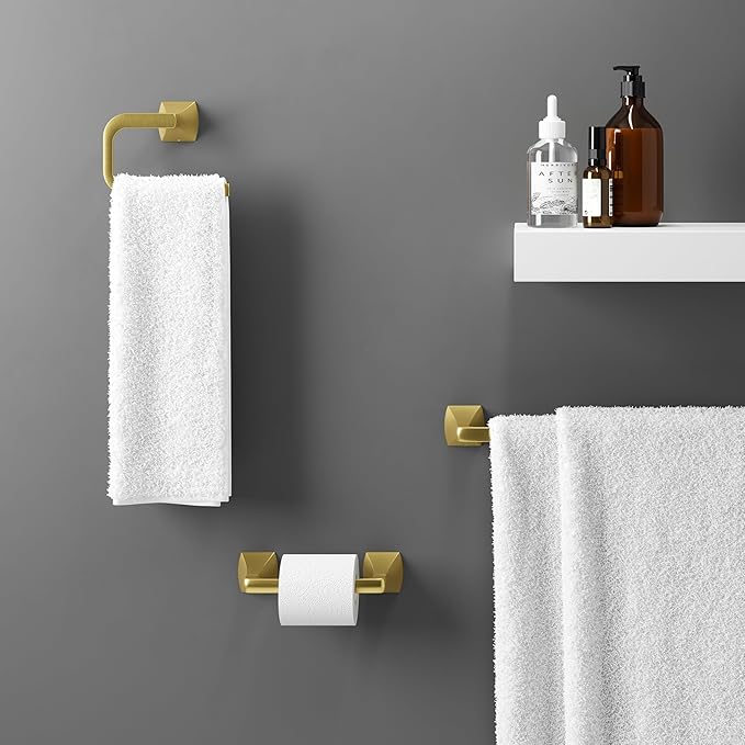 Pfister Bruxie 3-Piece Bathroom Hardware Set with Towel Bar, Towel Ring, and Toilet Paper Holder, Wall-Mounted, Brushed Gold Finish, BTBBIE3BG
