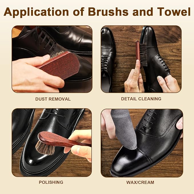 4-Piece 100% Horse Hair Shoe Brush Kit for Leather Care – Professional Dauber Applicators and Polishing Brushes with Cleaning Cloth for Leather Shoes, Boots, Bags, Jackets & Car Detailing