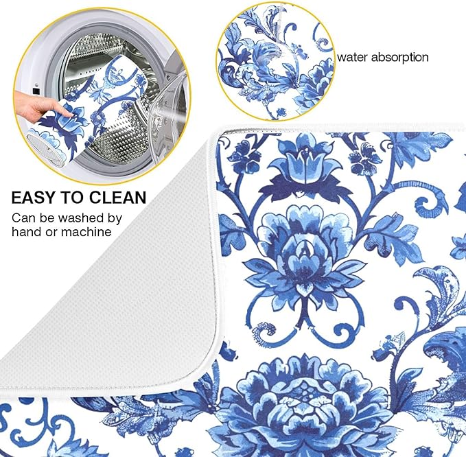 Blue White Porcelain Peony Dish Drying Mat for Kitchen Countertop 18x24 Rectangle Large Drying Mat Reusable Quick Dry Dish Sink Absorbent Mats Dishwasher Easy Clean Decorative Home Decor Essentials