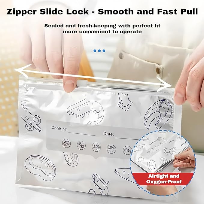 Reusable Aluminum Foil Sealable Storage Bags, 2026 New Resealable Stand Up Zipper Pouches with Label for Food Storage, Freezer Safe Leak Proof Foil Bags for Meat, Fruit, Vegetables (10S+10M+10L)