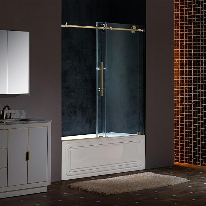 Woodbridge Frameless Single Sliding Shower Doors in Brushed Gold Finish, 57.5-60" Width x 62" Height with 3/8"(10mm) Clear Tempered Glass, Soft Close System and Explosion-Proof Film, BSDC6062-BG