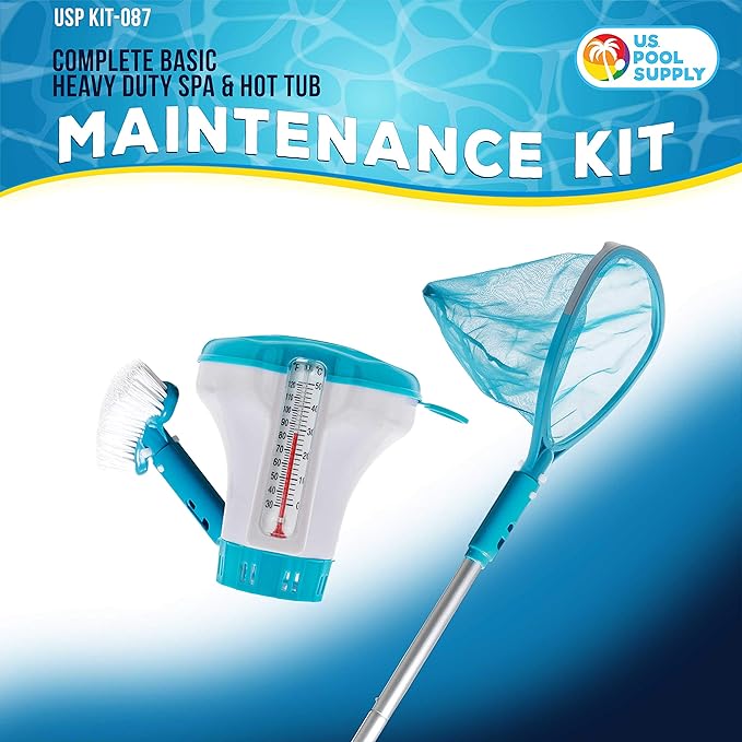 U.S. Pool Supply Professional Heavy Duty Spa, Hot Tub, Pond Cleaning & Maintenance Set - Small Skimmer Net, Deep Fine Mesh Netting, Spa Scrubbing Brush, 4 Ft Pole, Floating Chlorine Chemical Dispenser