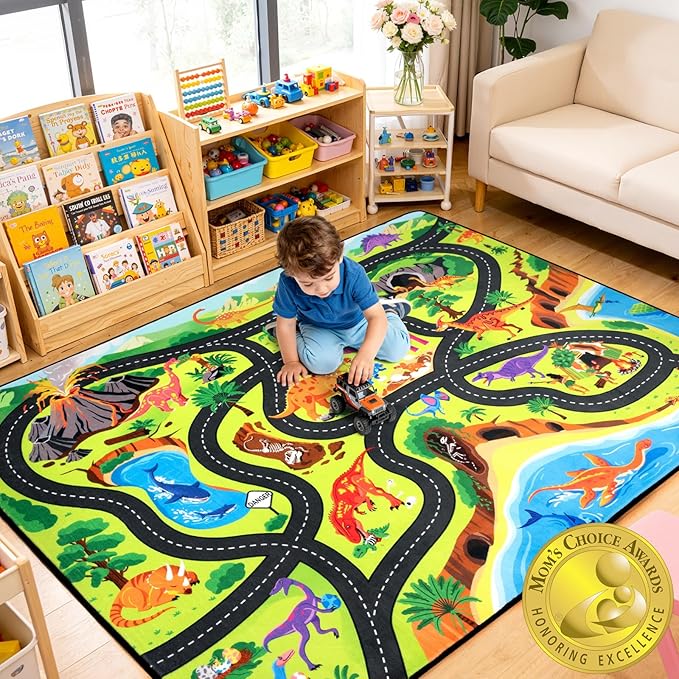 Kids Rug, 5x7 Ft Dinosaur Road Map Rug for Kids, Soft Flannel Play Mat with Non-Slip, Easy to Clean, Cushioned Baby Play Mat Carpet to Boost Motor Skills & Imagination