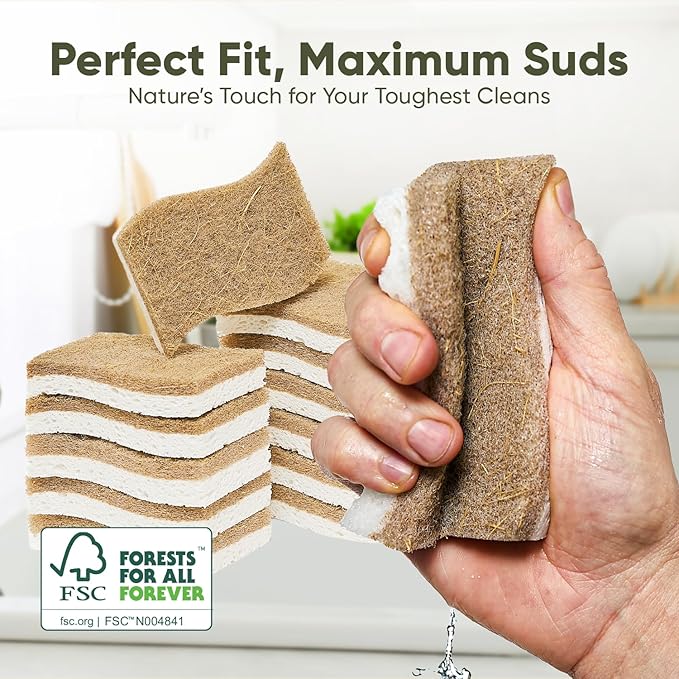 Plant-Based Kitchen Sponges (12 Pack) | FSC-Certified & PETA Approved | Natural Cellulose & Coconut Blend Scrubber Dish Sponges for Kitchen | S-Shaped Design | Eco-Friendly, Non-Scratch & Non-Toxic