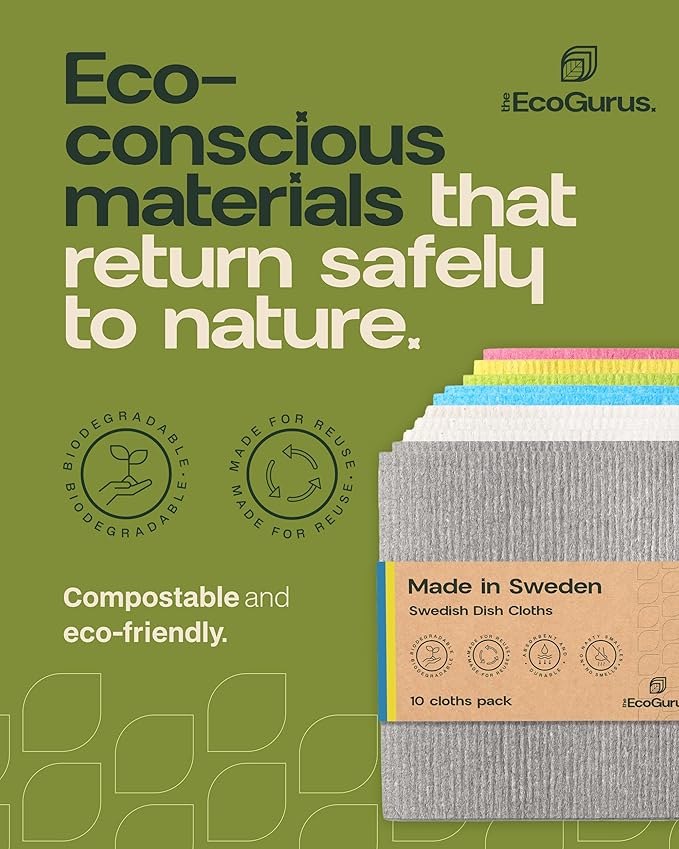 Original Swedish Dishcloth – Made in Sweden, 10 Cloths, Reusable & Biodegradable Cellulose Sponge for Kitchen, Suitable for All Surfaces, Odour Resistant Eco Cleaning – Multi-Coloured