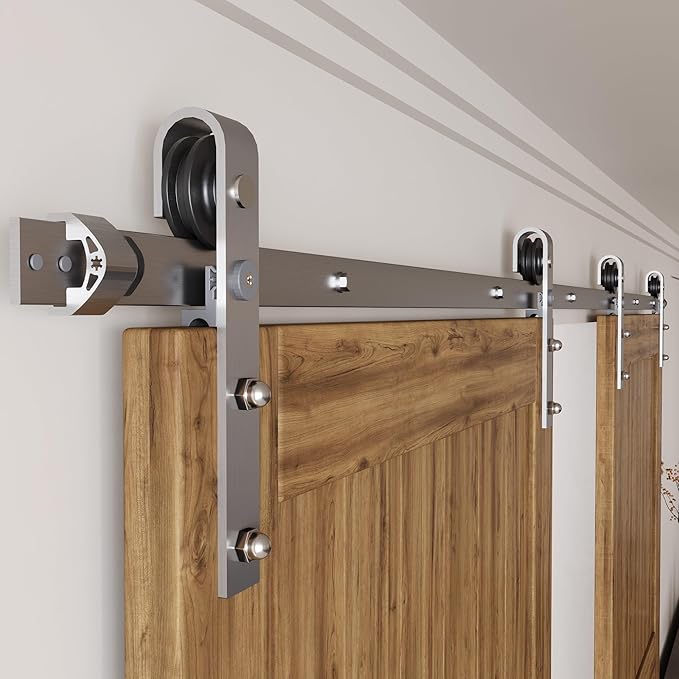 Homacer Brushed Nickel Non-Bypass Sliding Barn Door Hardware Kit, for Two/Double Doors, 15ft Long Flat Track, Classic Design Roller, Heavy Duty, for Interior Use Only（Doors Not Included）