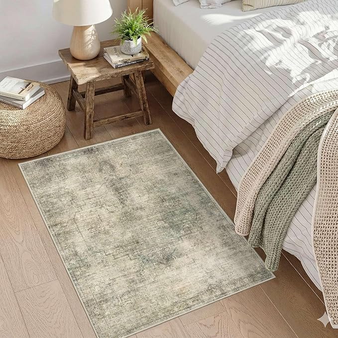 Vintage 2x3 Entryway Rug, Small Green Area Rugs For Entry Door Mat Kitchen, Bedroom,Laundry, Washable Indoor Hallway Runner Entrance Distressed Throw Rug, Soft Carpets For Bathroom Dorm Office