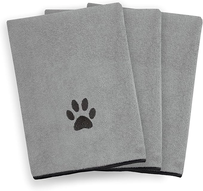 Ritz Premium Embroidered Microfiber Pet Towel (3-Pack), 18" x 28", Highly Absorbent, Fast-Drying, Long-Lasting, Super Soft 80% Polyester and 20% Polyamide Pet Cloth, Grey