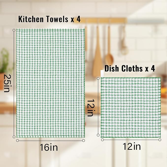 Homaxy Kitchen Towels and Dishcloths Set, 16 x 25 and 12 x 12 Inches, Set of 8 Cotton Terry Kitchen Dish Towels, Super Soft and Absorbent Dish Cloths, Green